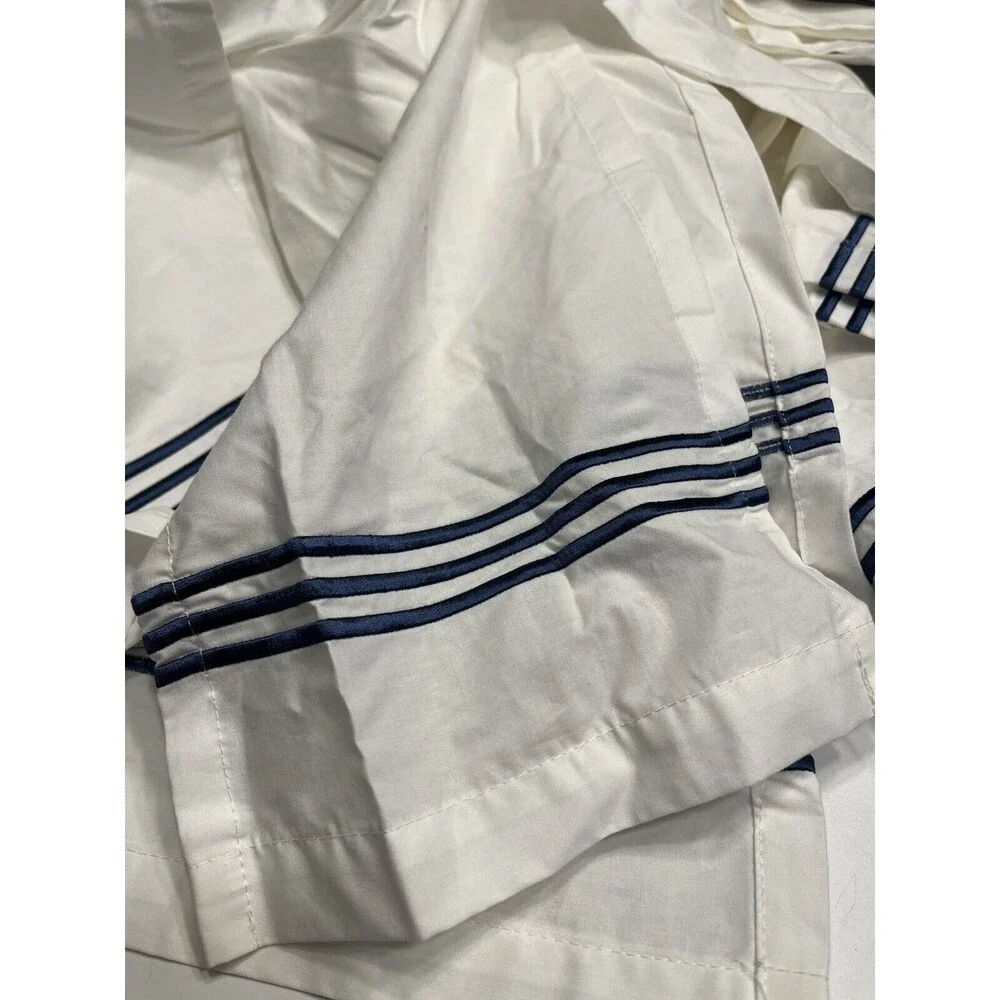 Pottery Barn White w Blue Embroidered Stripes King Size Bed Skirt
